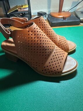 Women’s Tan Perforated Block Heel Sandals - Brand: